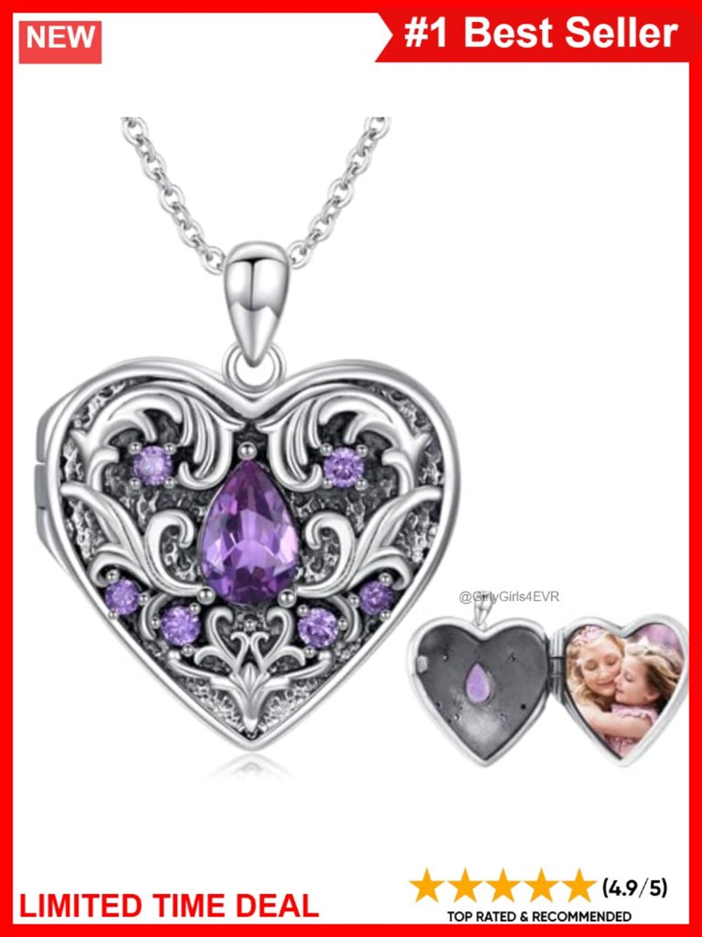 925 Sterling Silver Heart Locket Necklace Natural Amethyst Photo Locket for